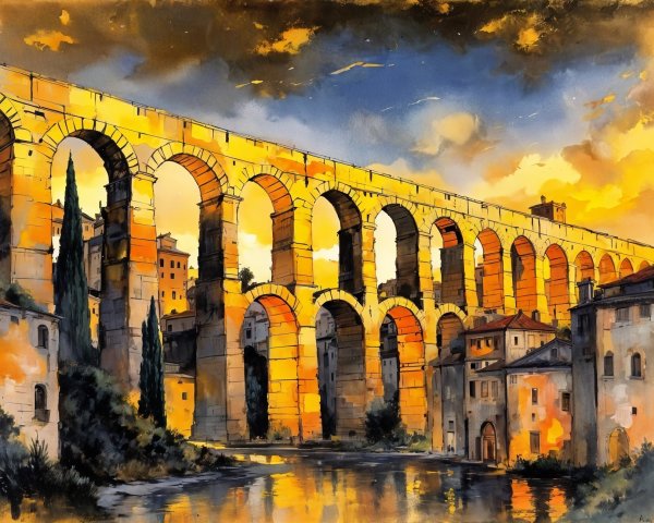 Majestic Aqueduct at Sunset with Reflective Waters