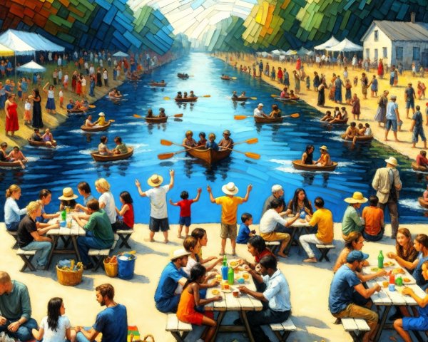 Vibrant Riverside Festival with Activities and Stalls