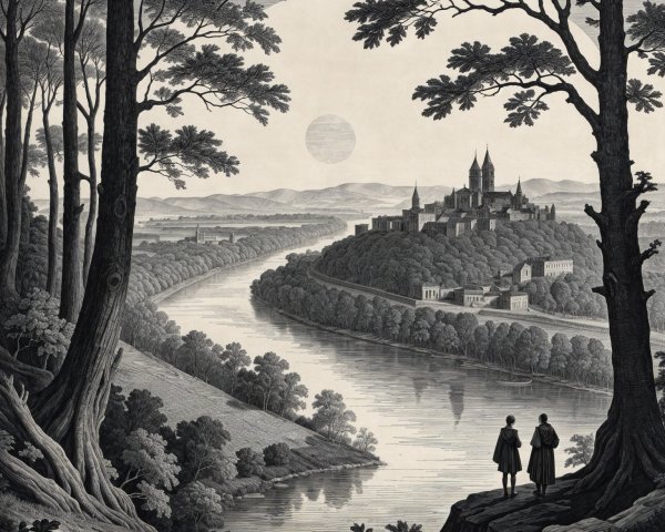 Serene landscape with river, trees, and castle views