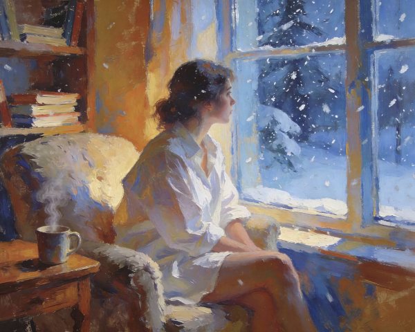 Oil Painting of Woman in Armchair by Snowy Window
