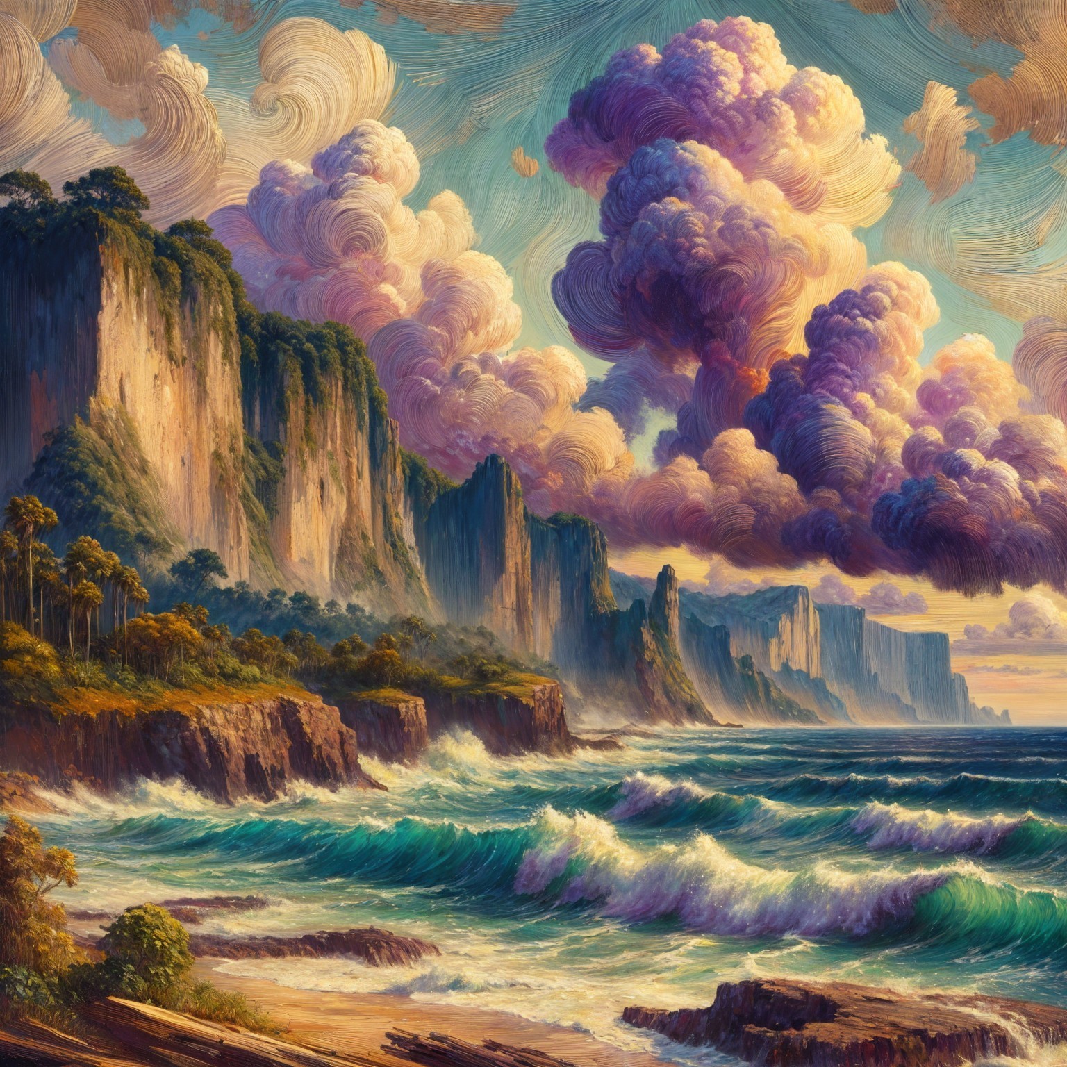 Dramatic Cliffs and Vibrant Seascape with Waves