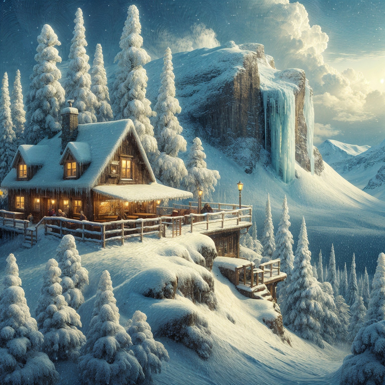 Cozy Cabin in Snowy Winter Landscape at Night