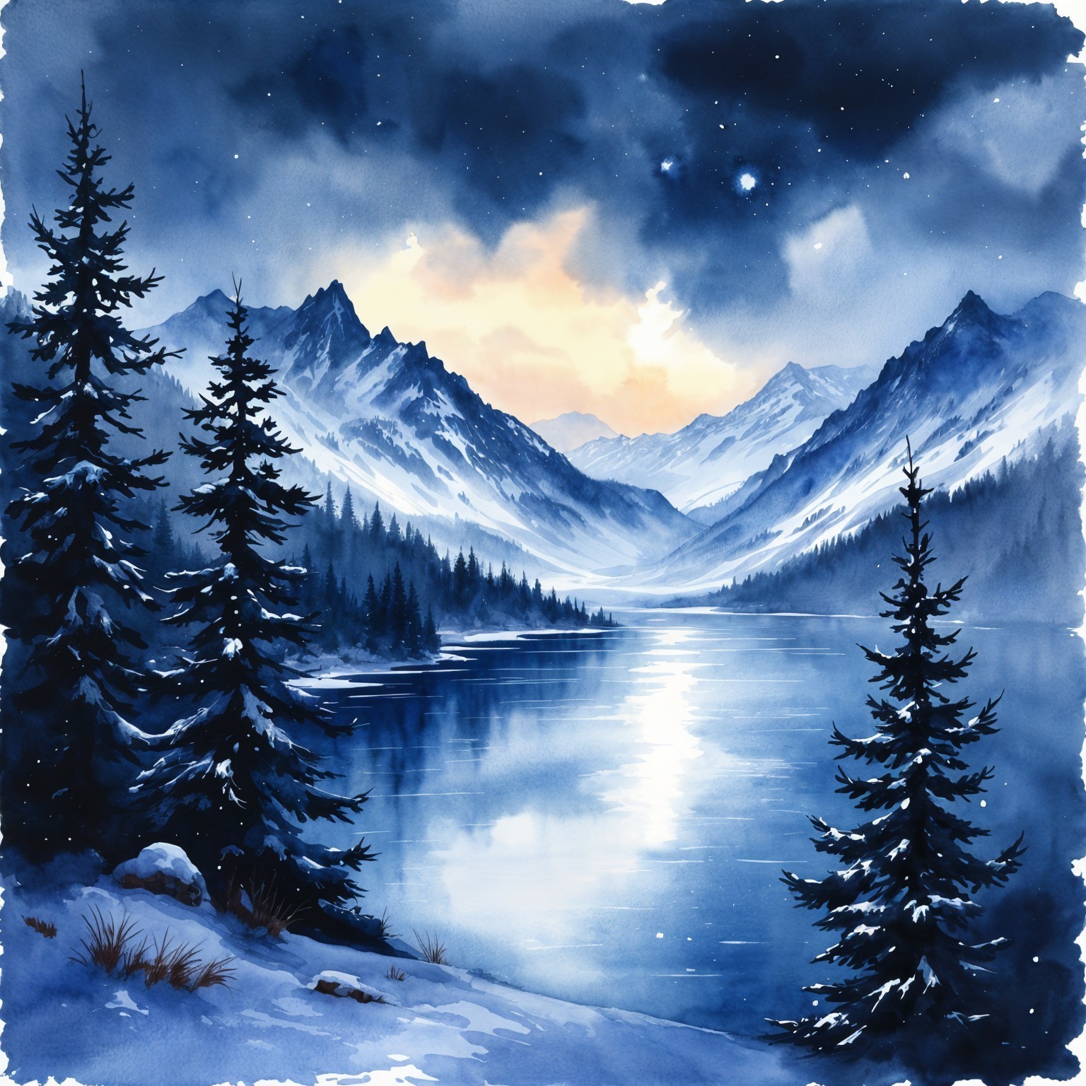 Serene Winter Landscape with Snow-Capped Mountains