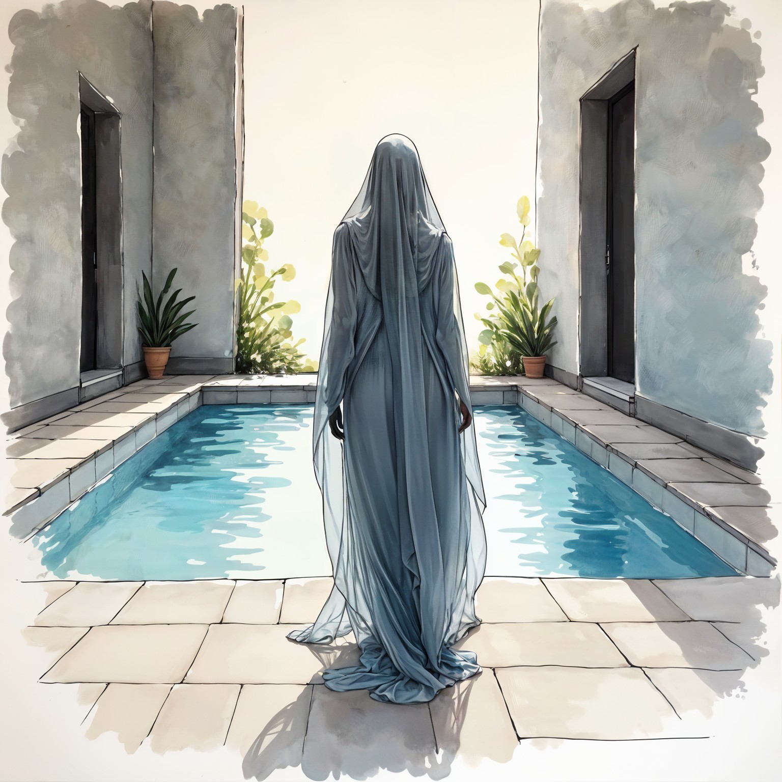 Translucent Blue Garment by Serene Pool in Minimalist Space