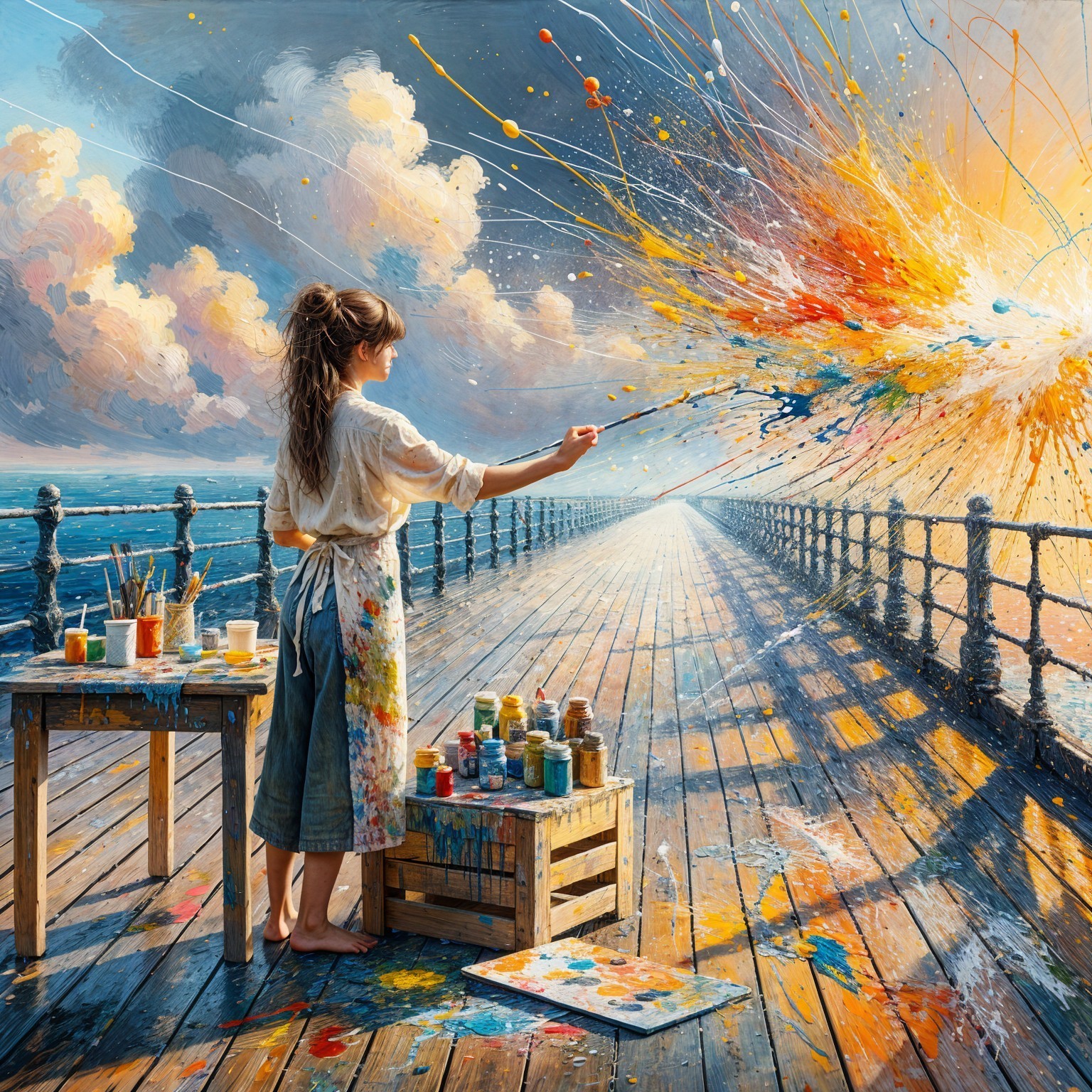 Young artist painting vibrant colors on a pier