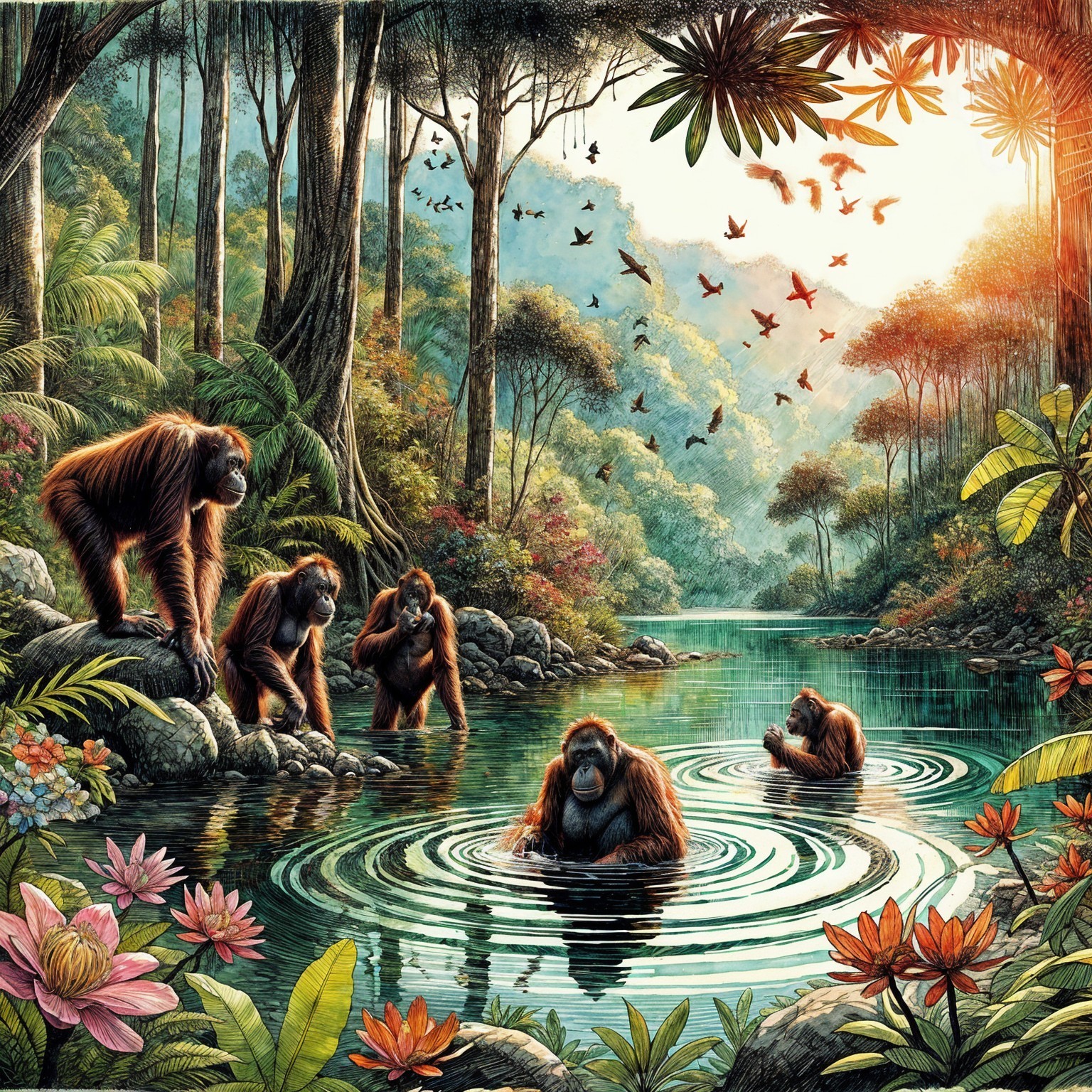 Orangutans Interacting in a Lush Rainforest Setting