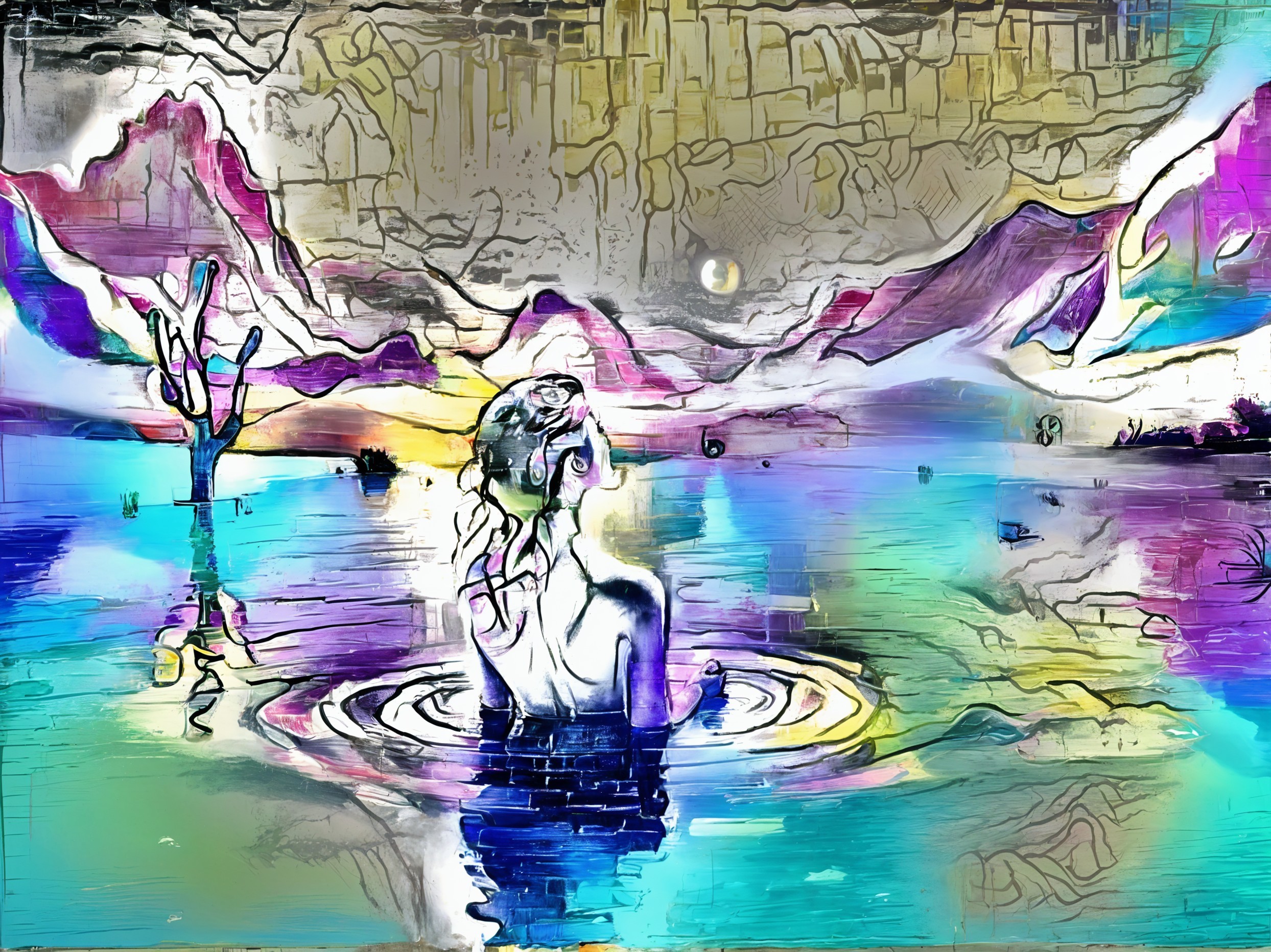 Surreal Landscape with Serene Figure and Reflective Waters