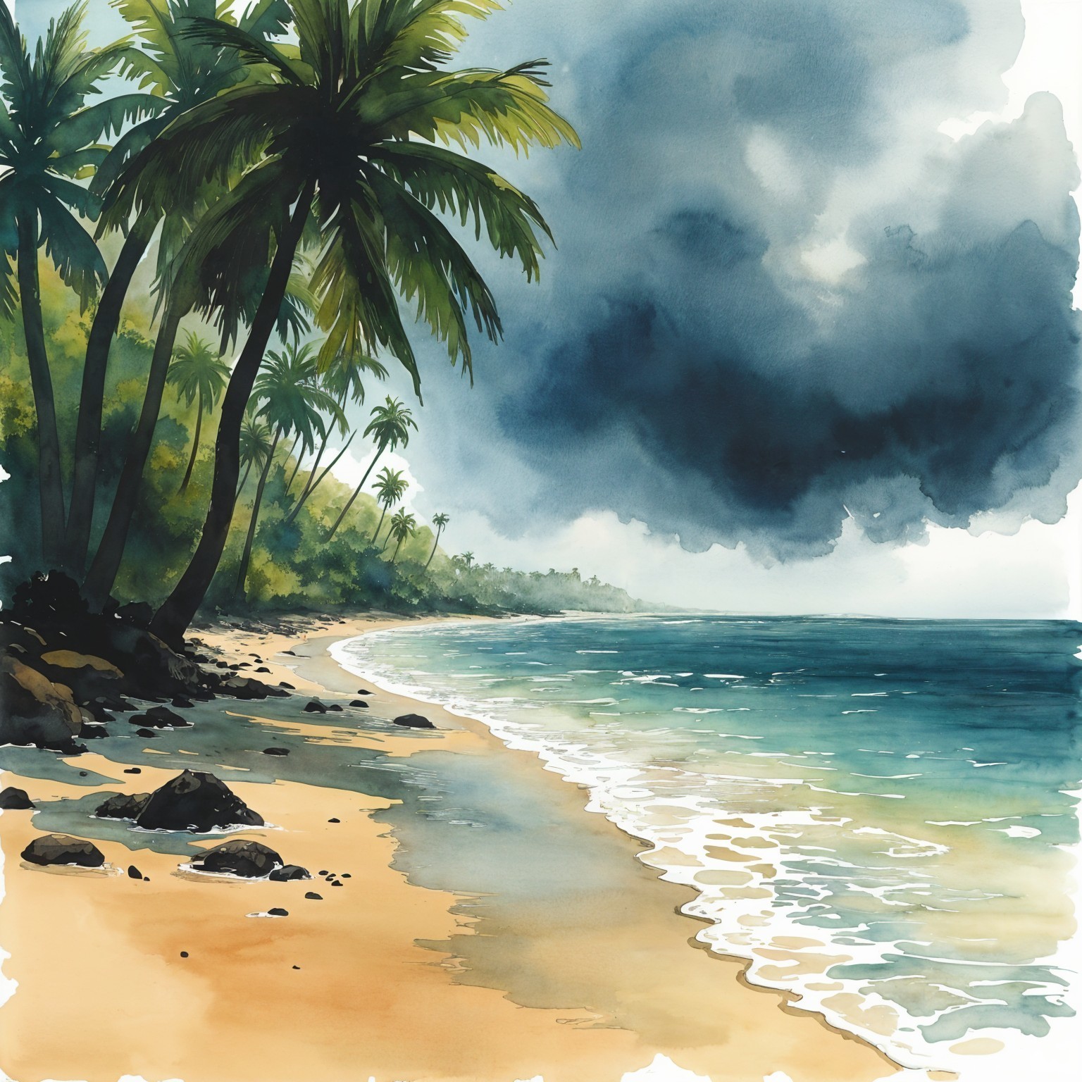 Tropical Beach with Golden Sands and Dramatic Sky