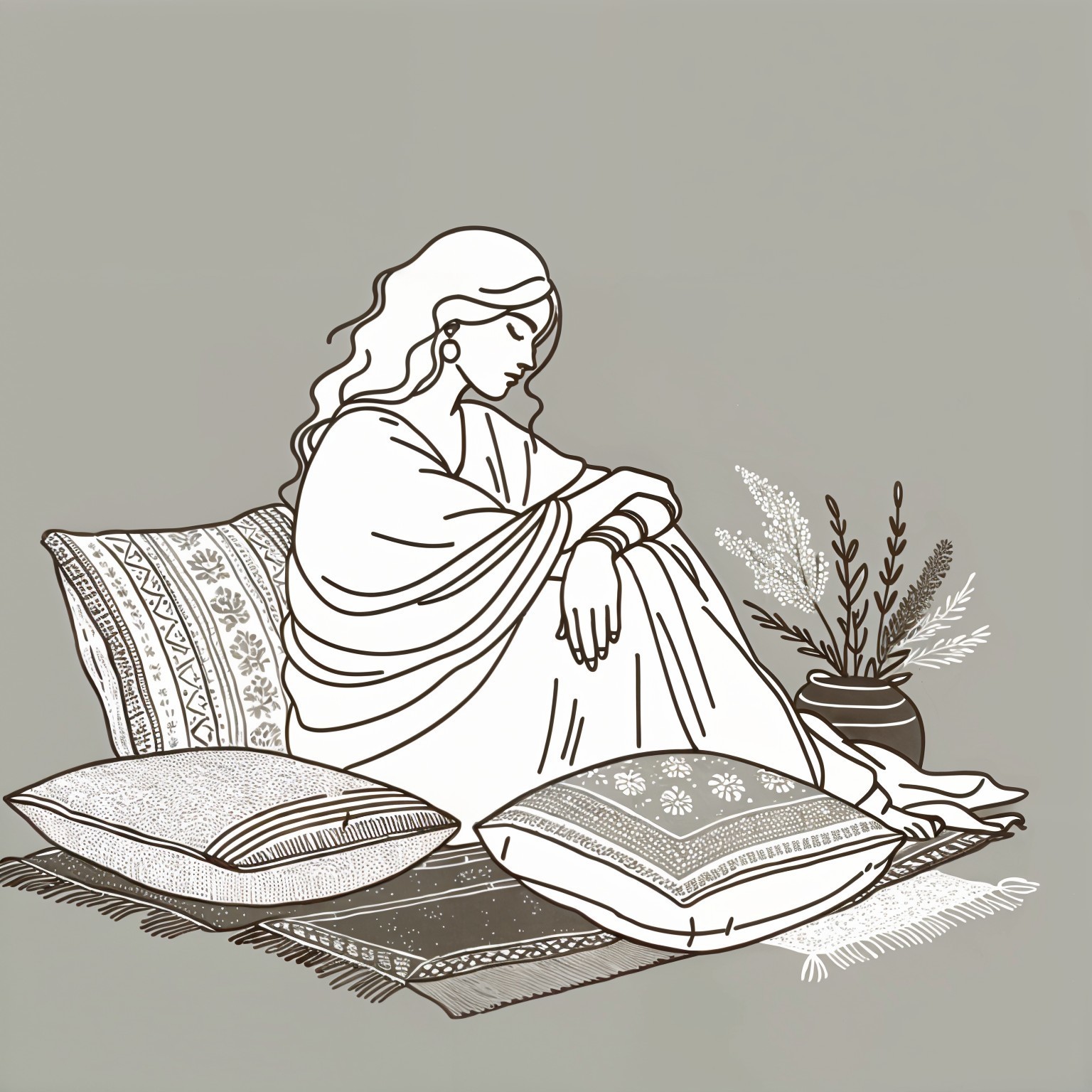 Serene illustration of a woman on decorative pillows