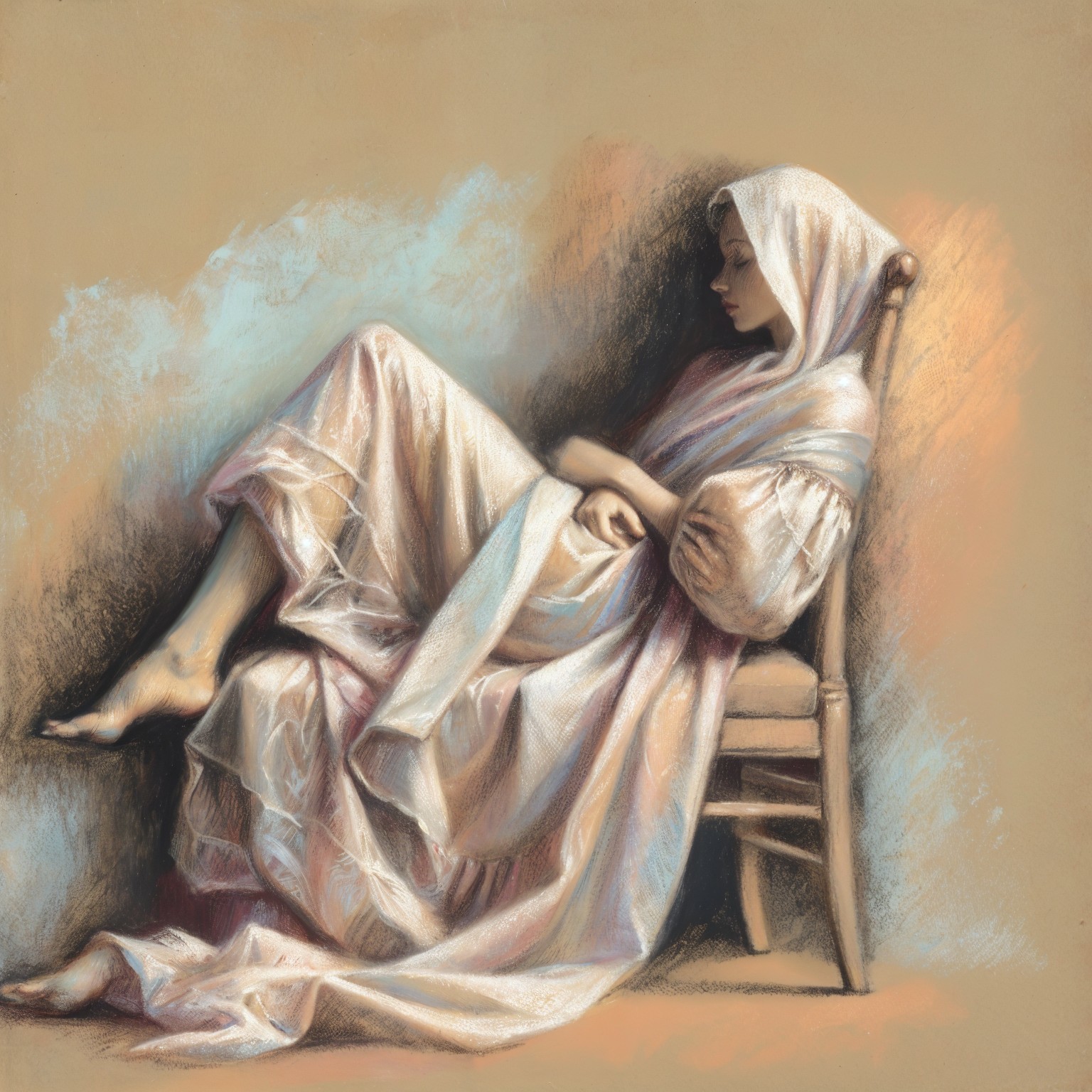 Serene Woman in Light Dress on Wooden Chair
