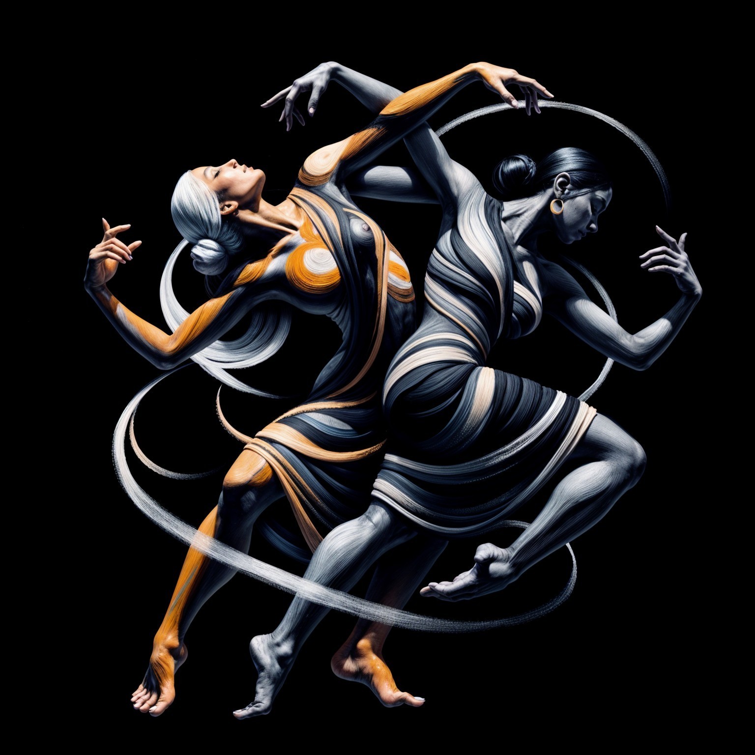 Dynamic Dancers in Contrasting Colors on Black Background