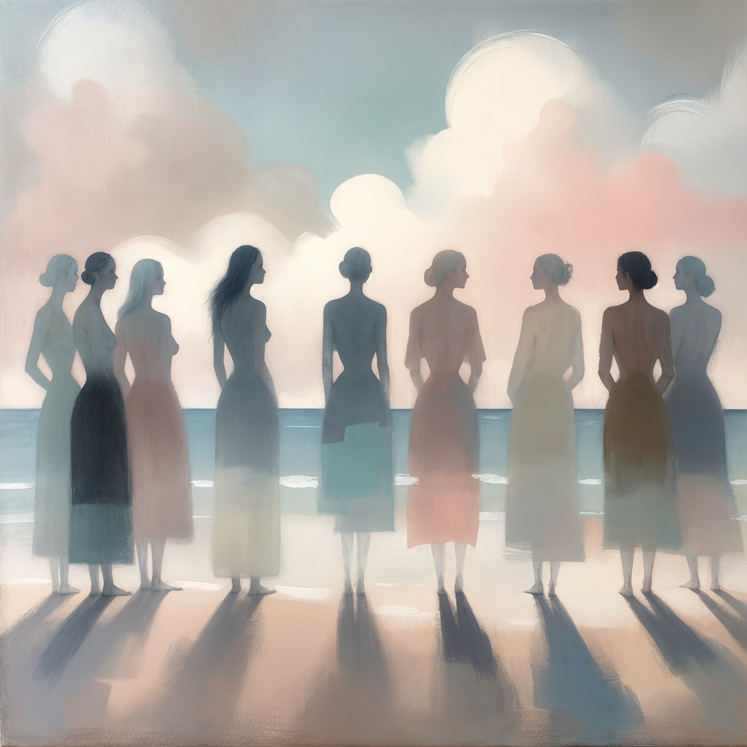 Silhouettes of Women on a Serene Coastal Beach