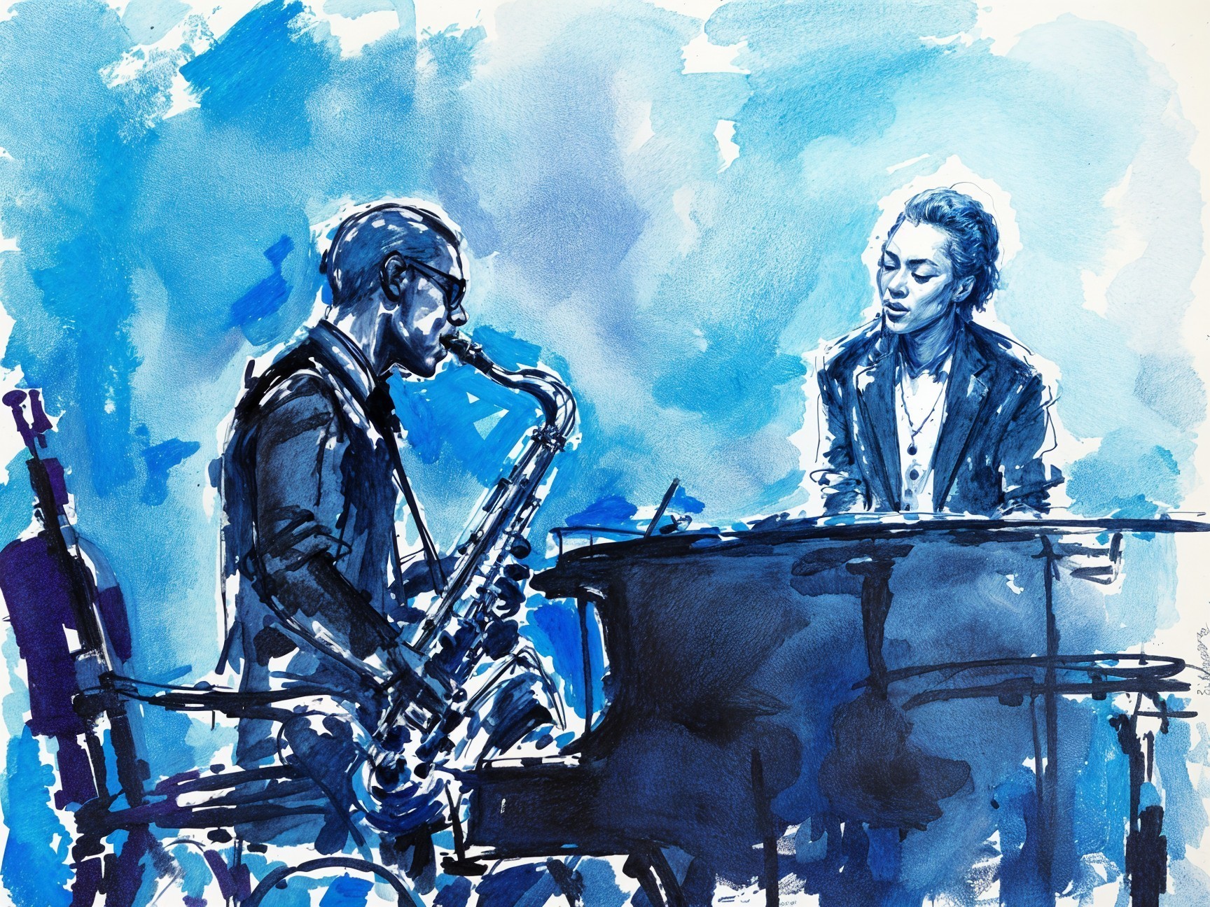 Watercolor Painting of a Jazz Duo Performance
