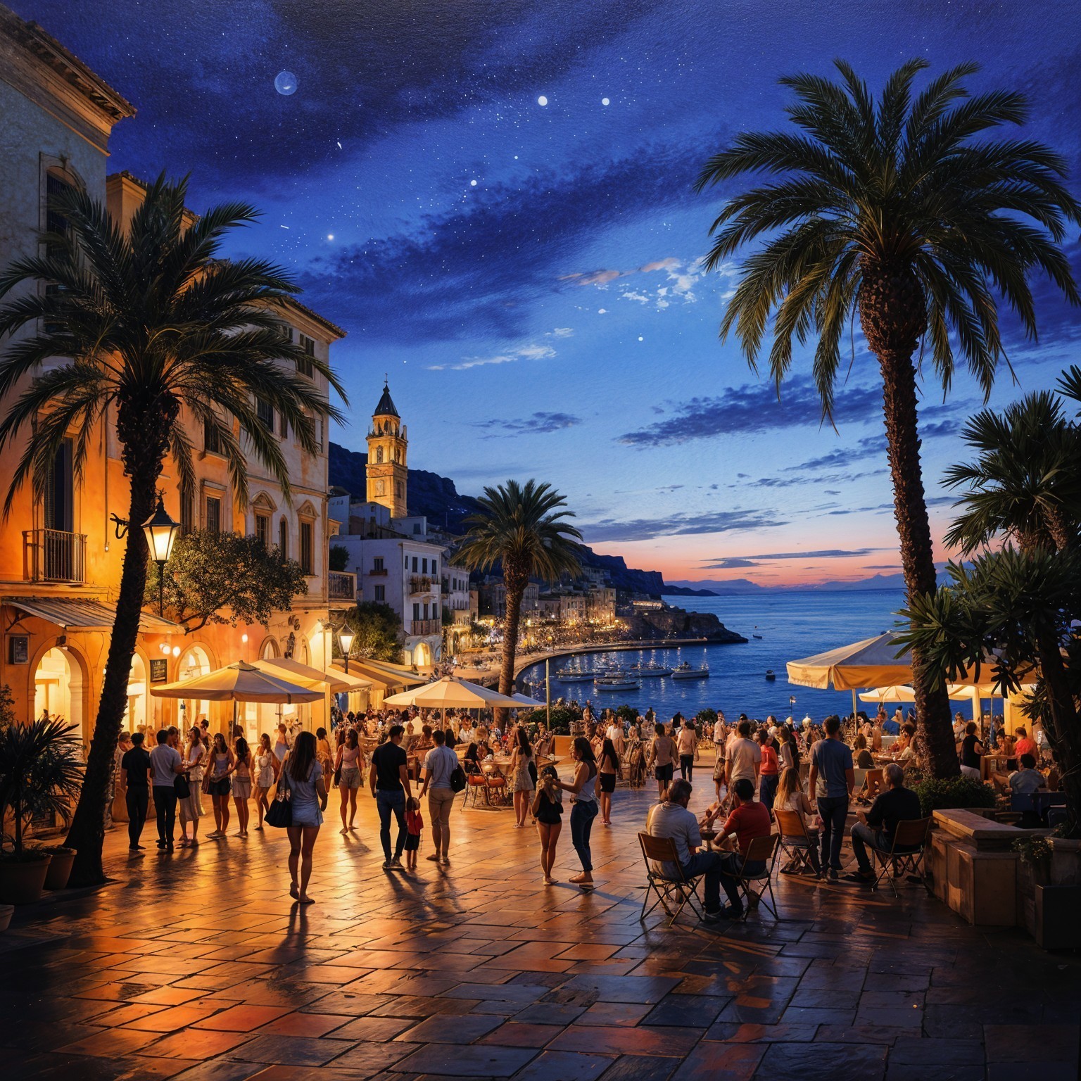 Coastal Plaza at Dusk with Palm Trees and Cafes