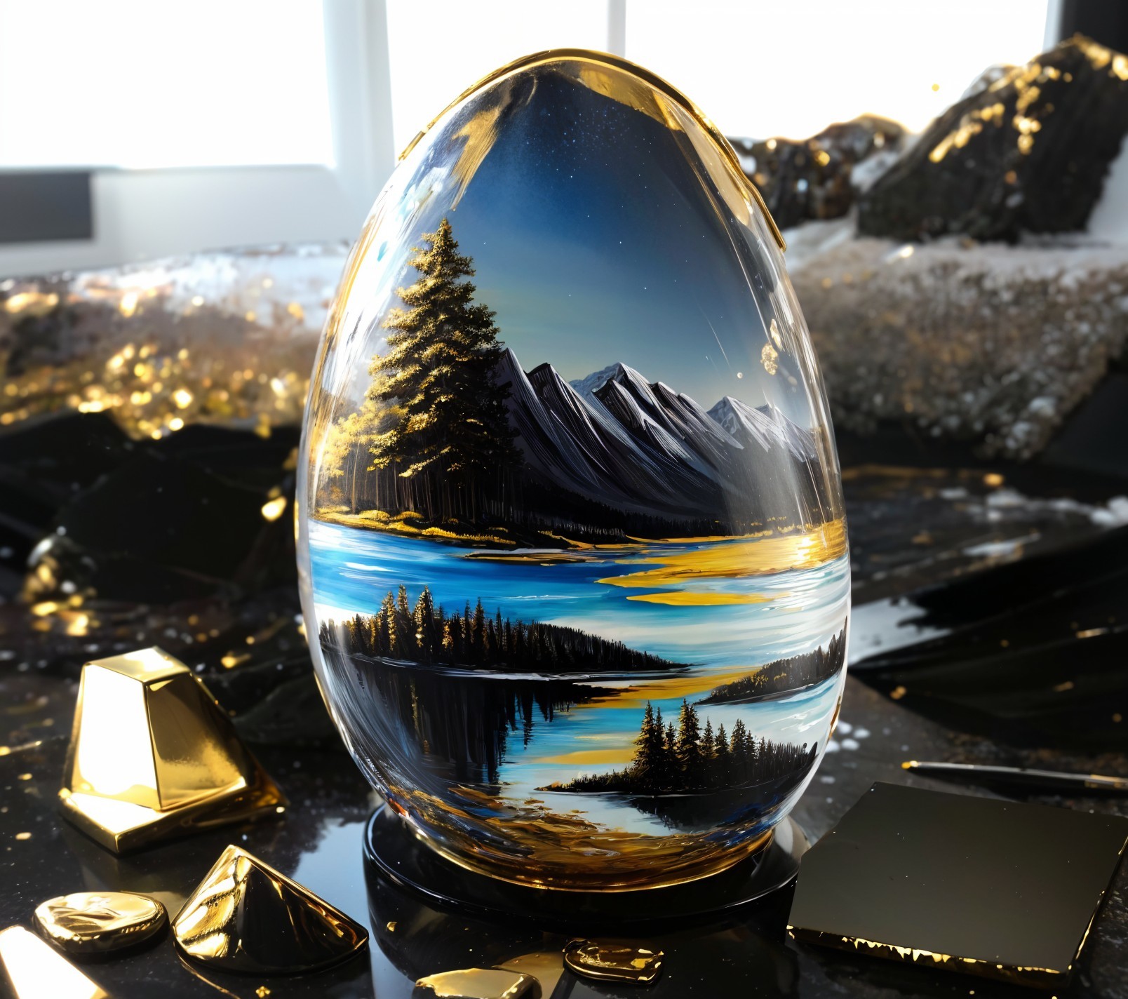 Glass Egg Art Featuring Serene Landscape and Sunset