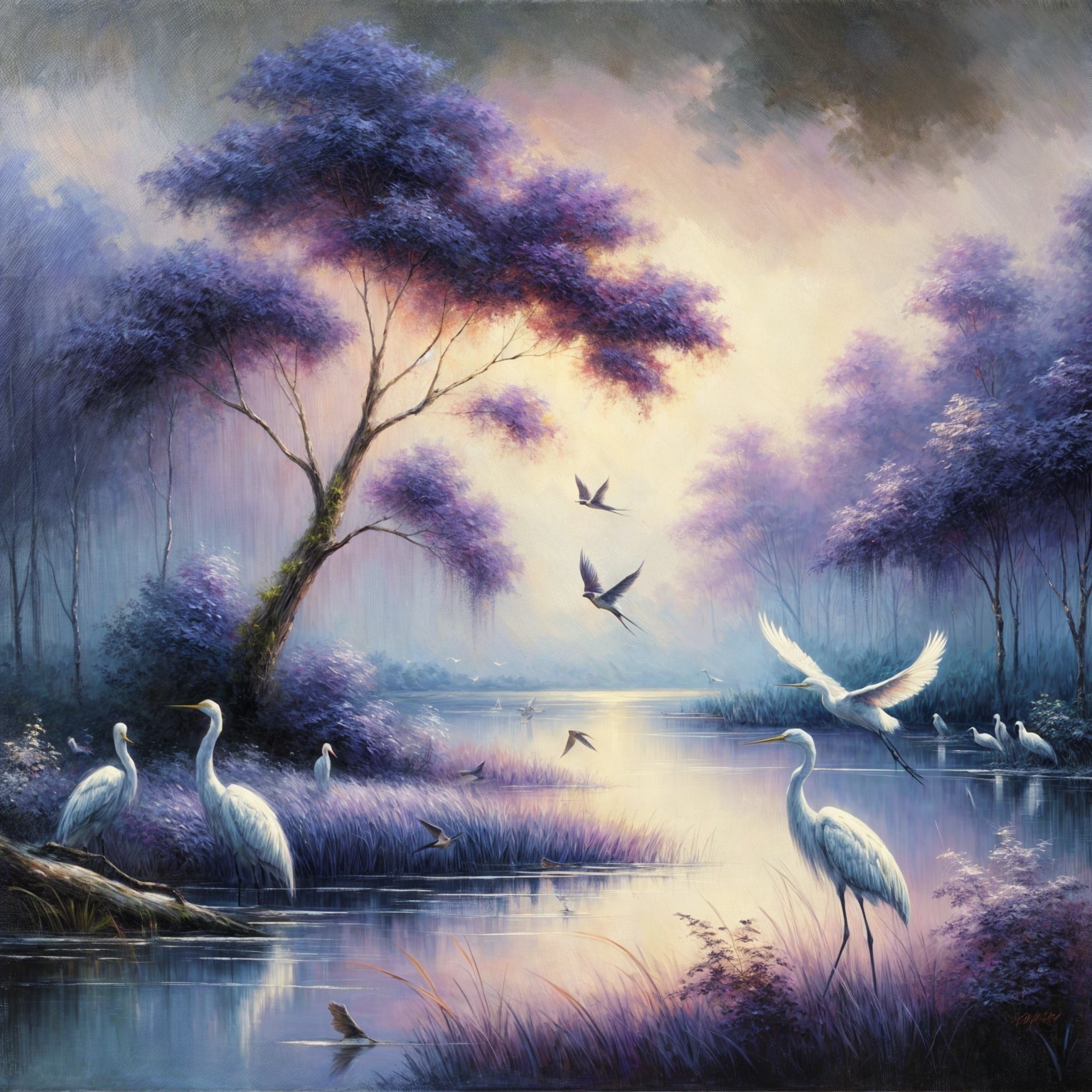 Serene Landscape with White Herons and Purple Trees