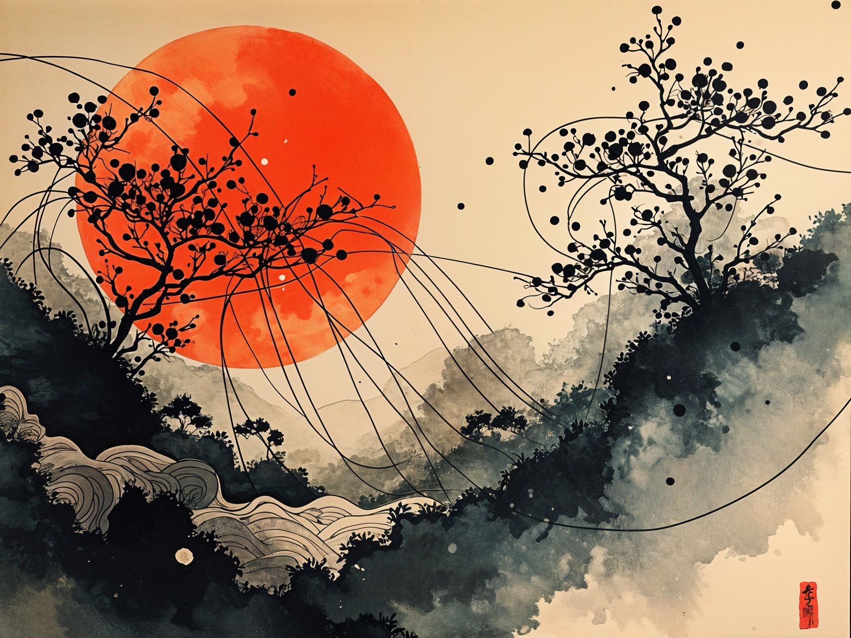 Serene Landscape with Red Sun and Stylized Mountains