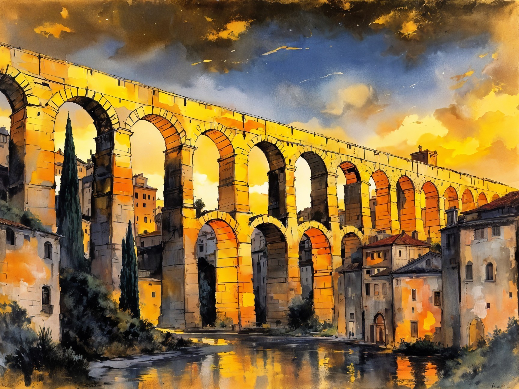Majestic Aqueduct at Sunset with Reflective Waters
