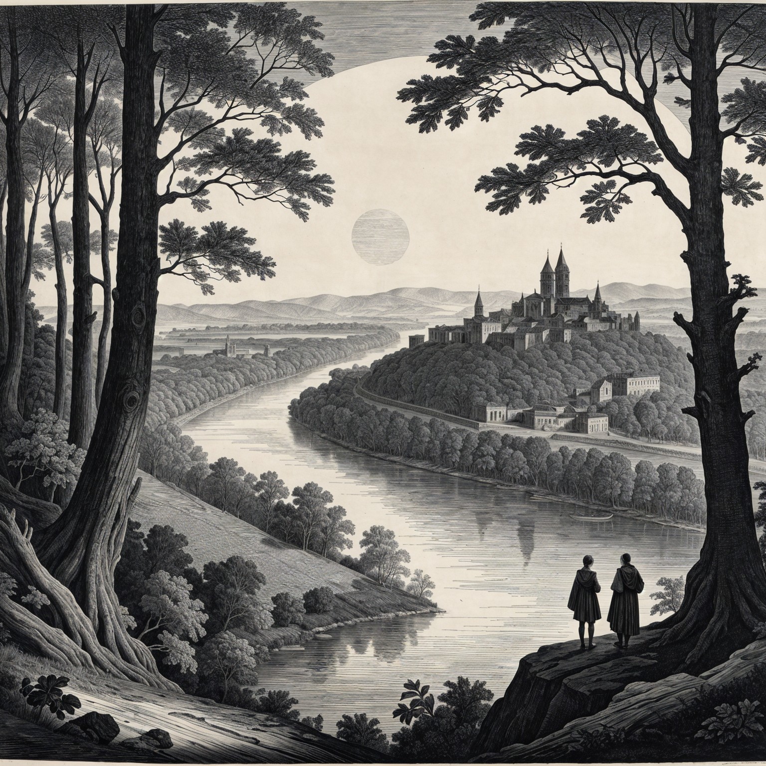 Serene landscape with river, trees, and castle views