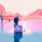 Surreal Landscape with Serene Figure and Reflective Waters