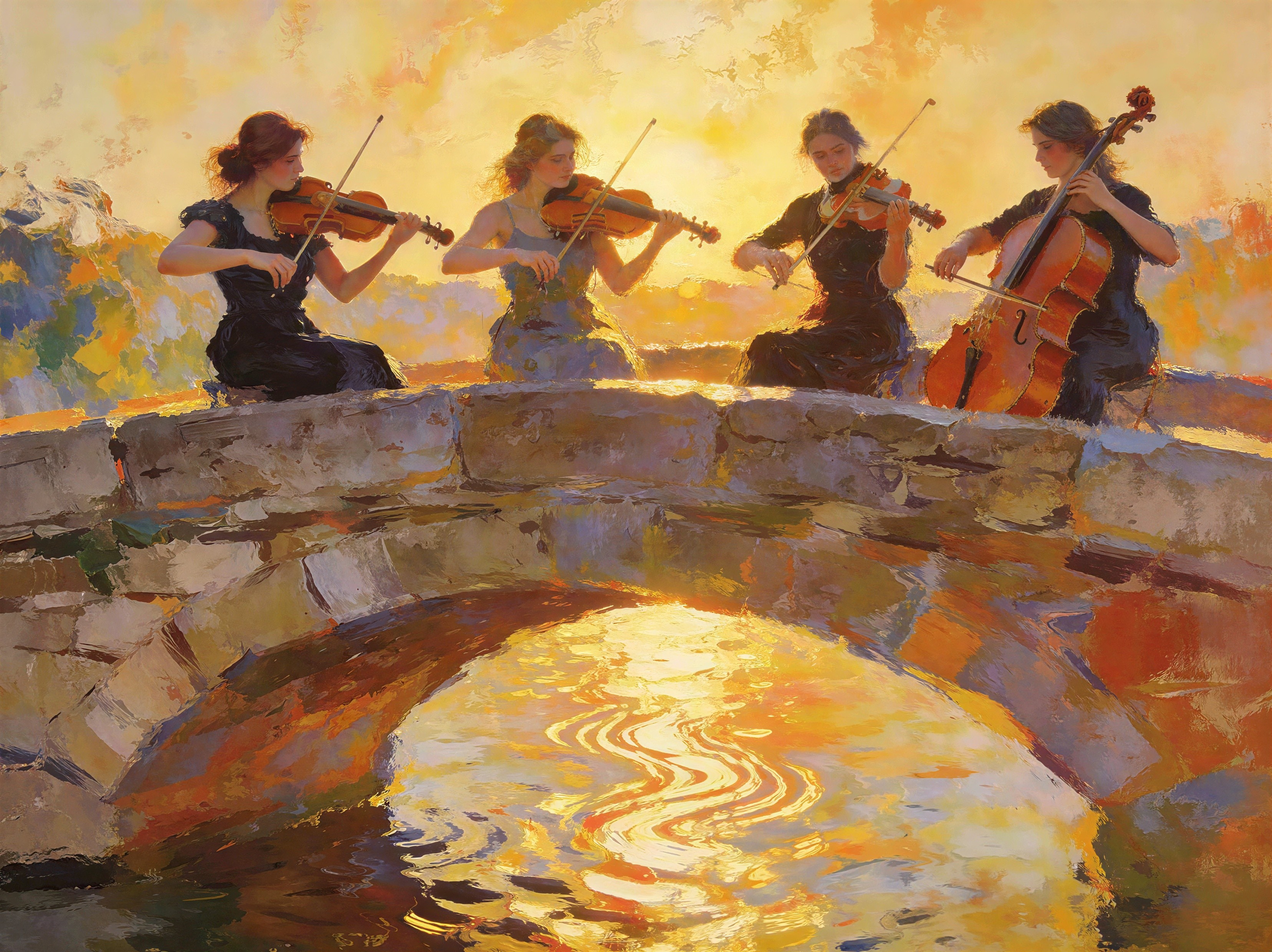 Impressionistic Painting of Women Playing Instruments at Sunset