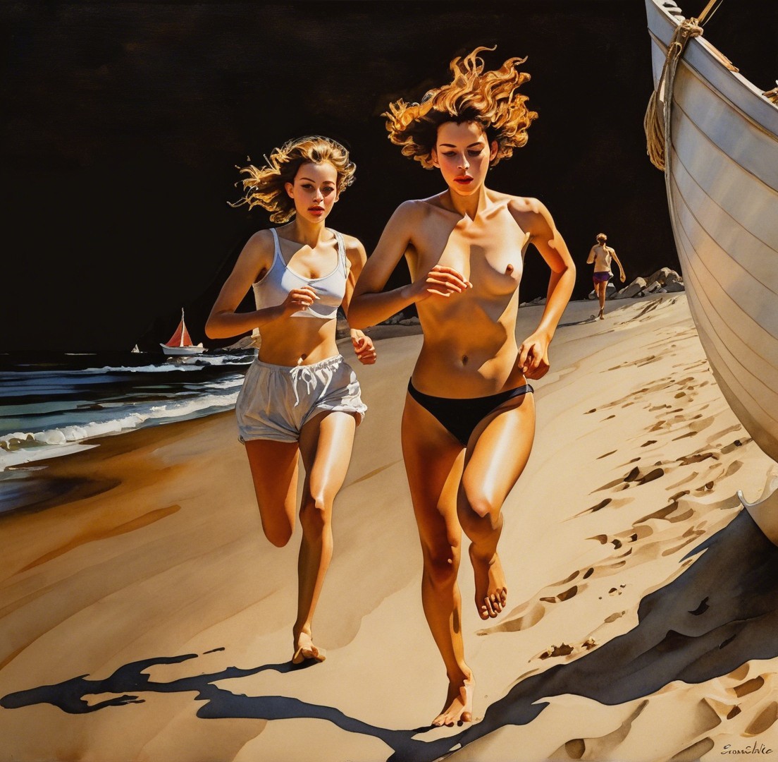 Women Running on Sandy Beach with Ocean Waves