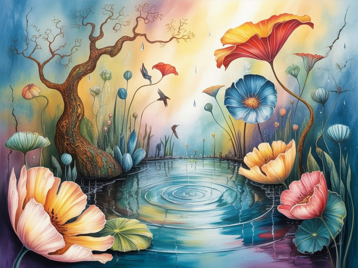 Surreal Landscape with Tranquil Pond and Colorful Flowers