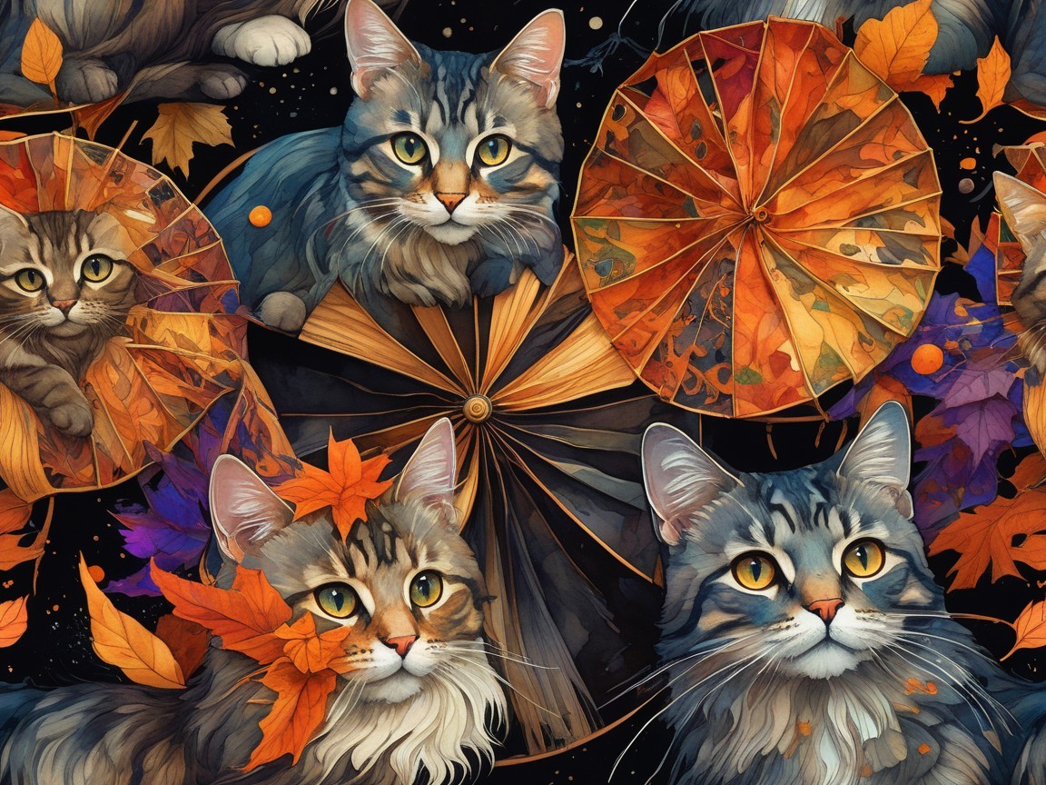 Vibrant Illustration of Four Tabby Cats in Autumn