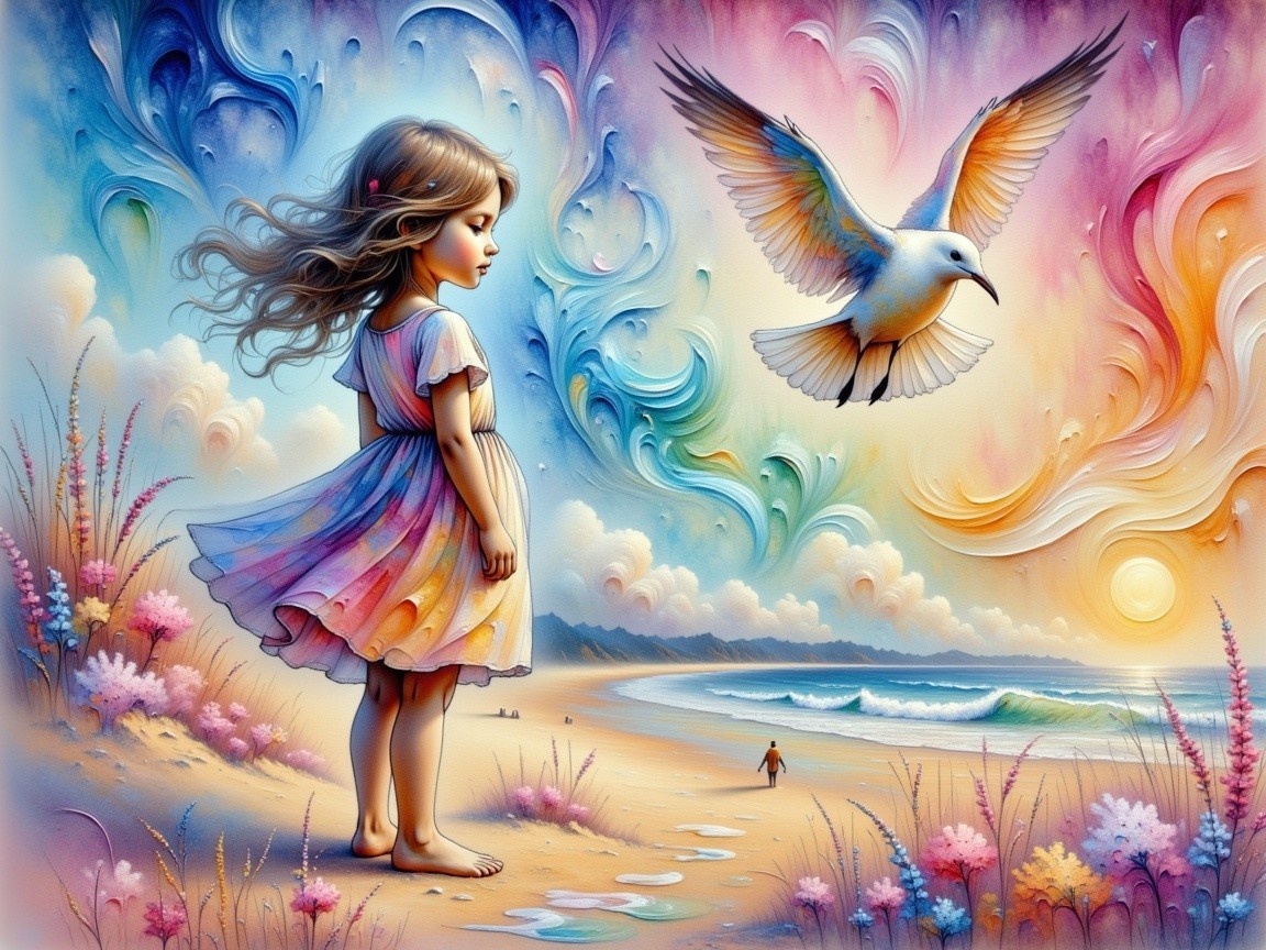 Young girl in vibrant dress on serene beach setting