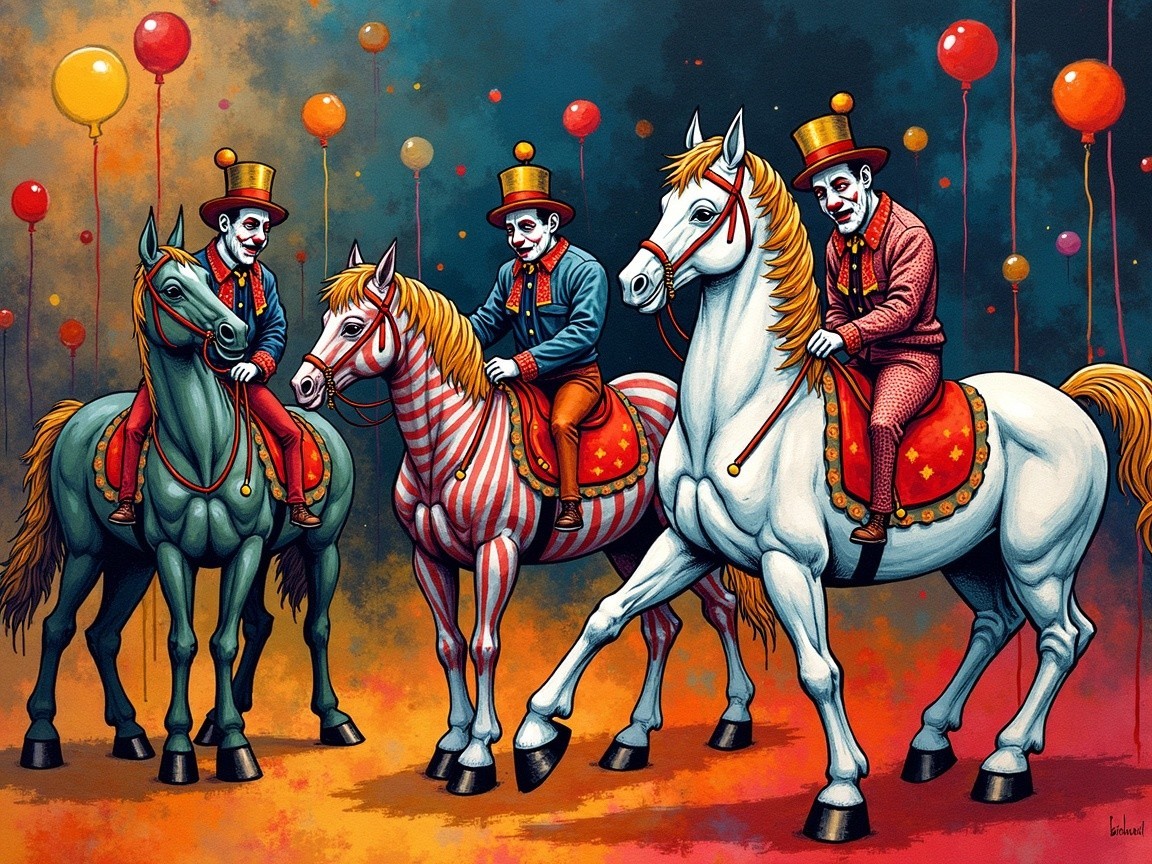 Whimsical Scene of Colorful Horses and Eccentric Riders