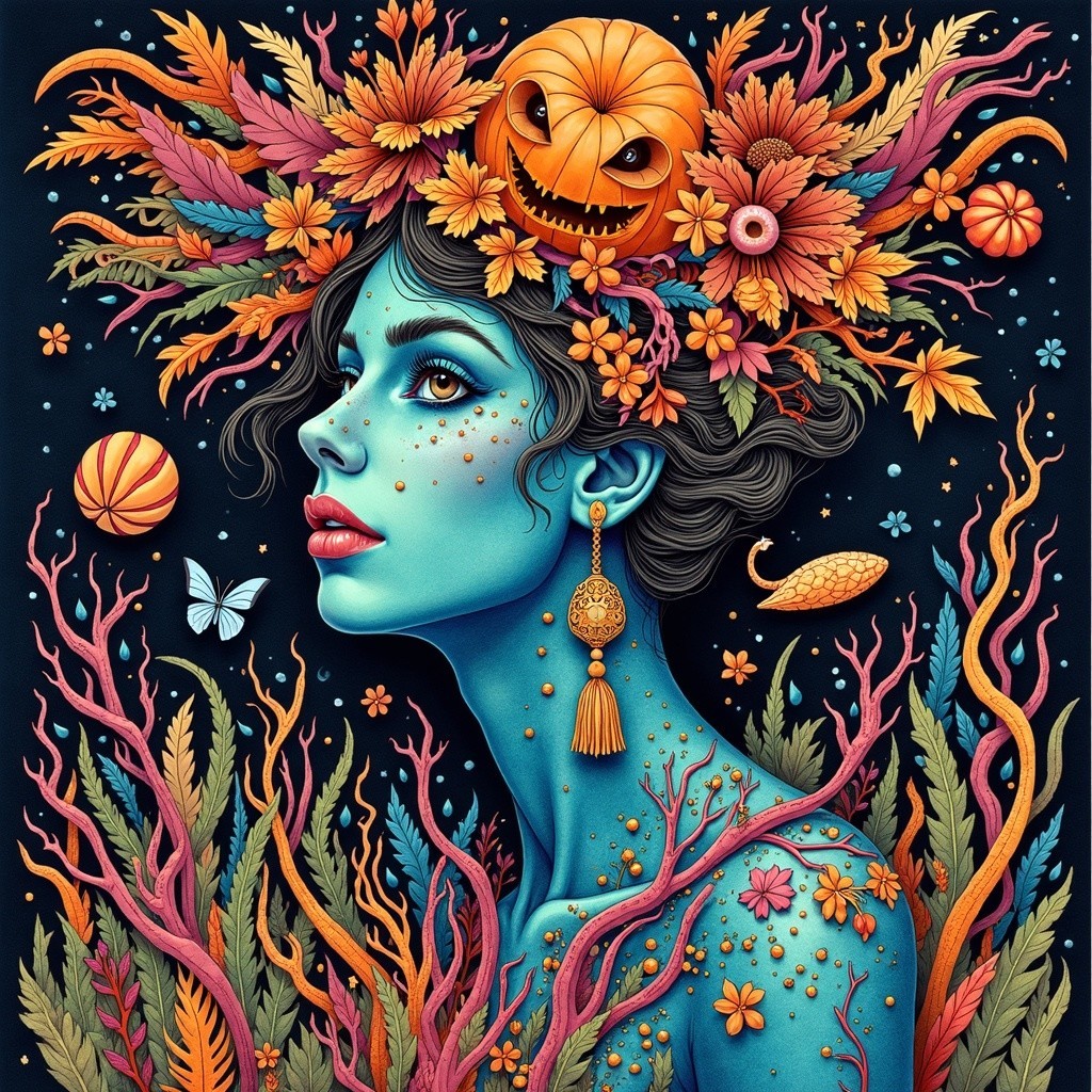 Blue-Skinned Woman Surrounded by Floral Elements