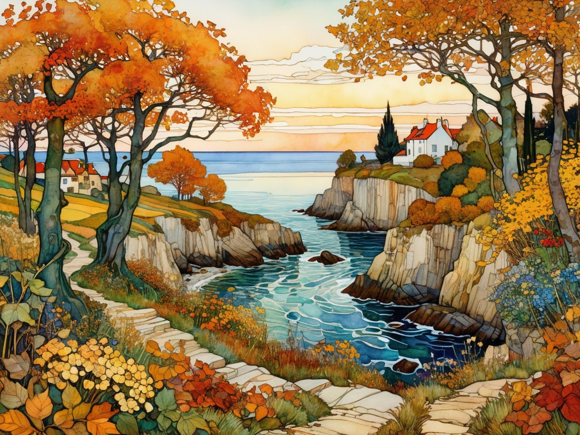 Coastal Landscape with Autumn Foliage and Sunset Sky