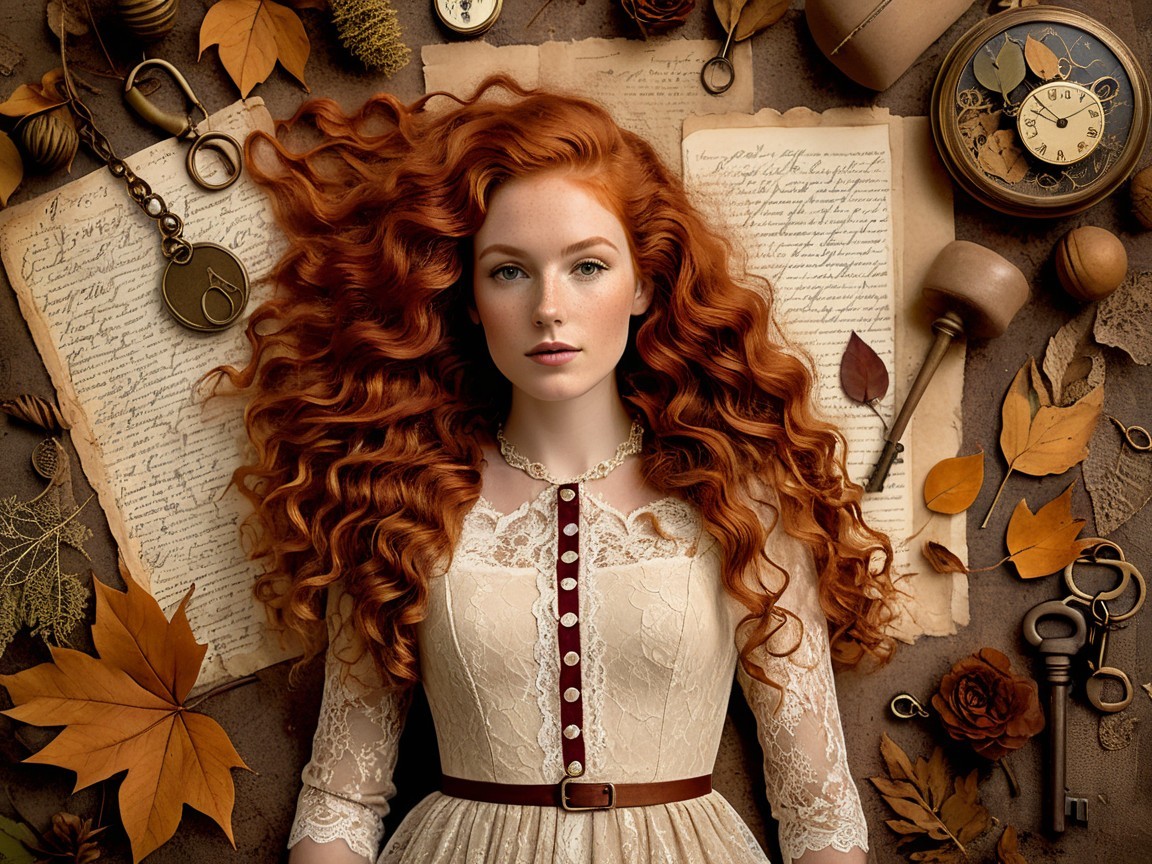 Young woman with red hair on vintage textured surface