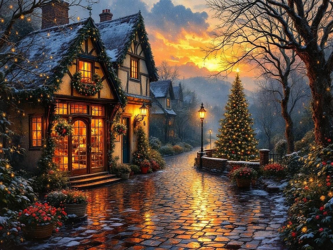 Festive Cottage Scene with Snow and Sunset Glow