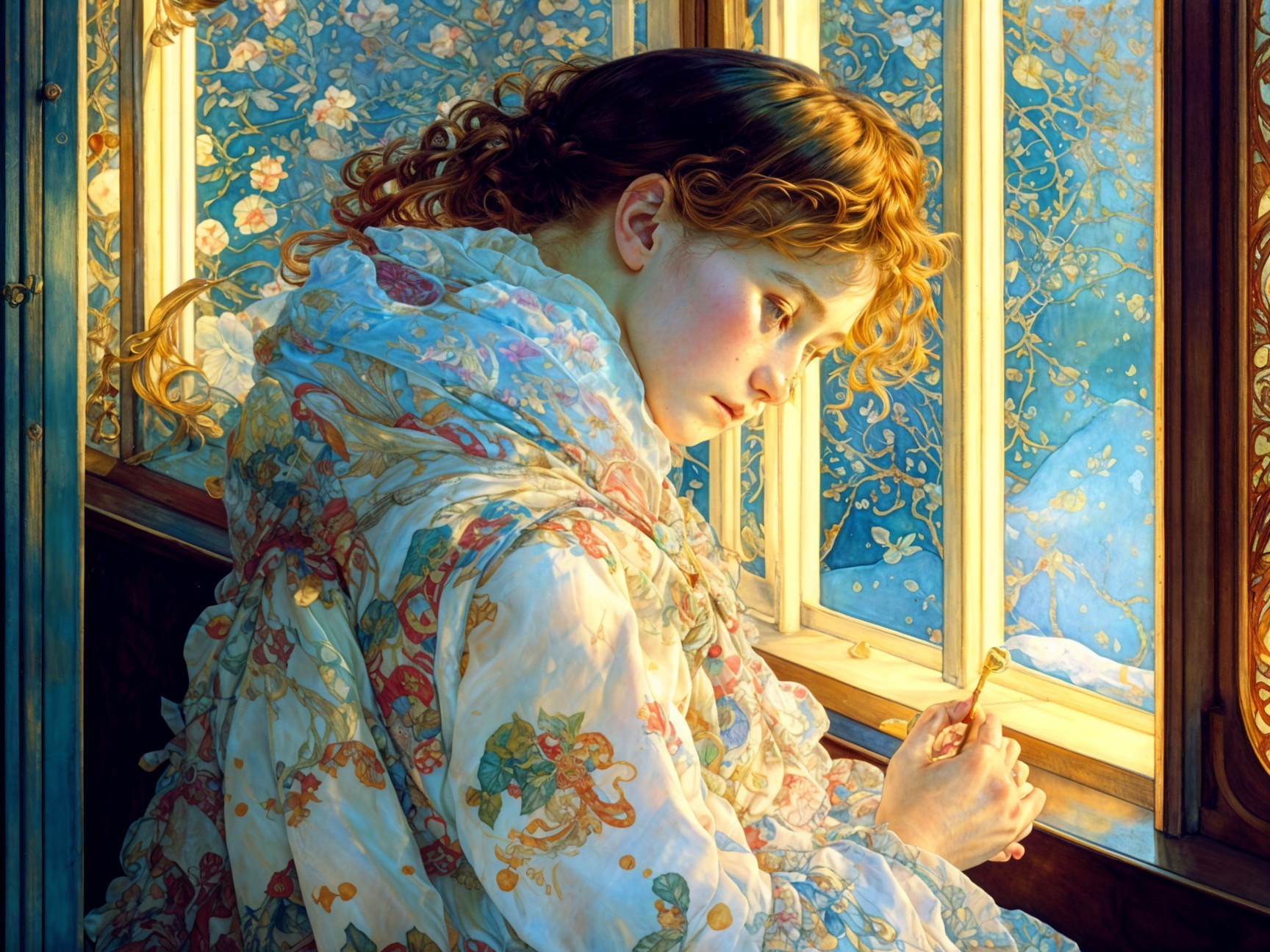 Young Woman in Warm Light Contemplating by Window