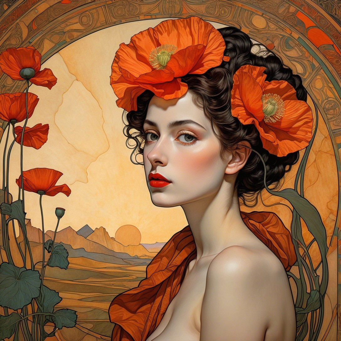Young woman with dark hair and orange poppies