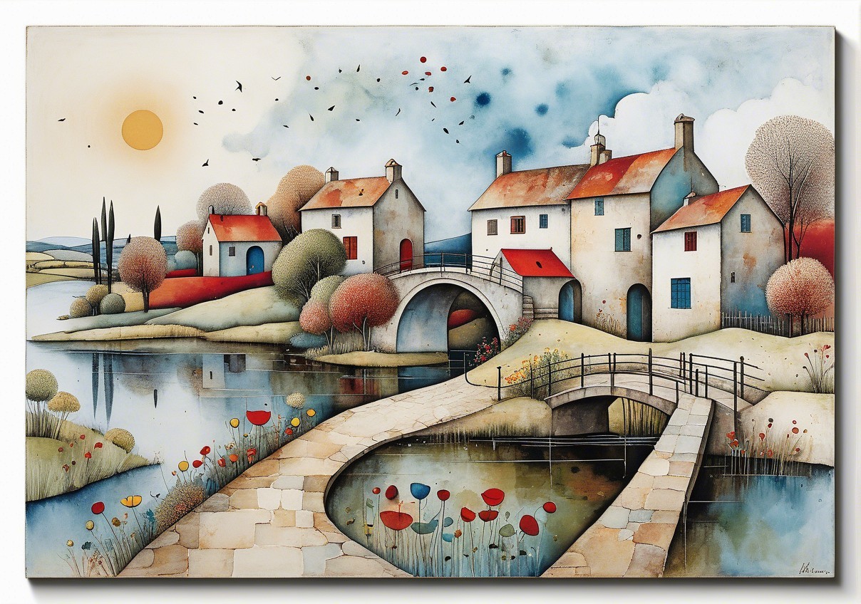 Serene Countryside Scene with Rolling Hills and Cottages