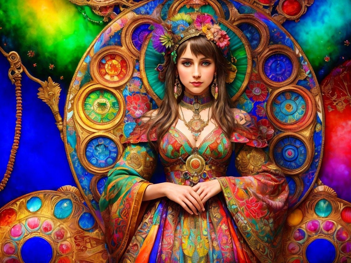 Elegant Woman in Colorful Floral Gown Against Ornate Backdrop