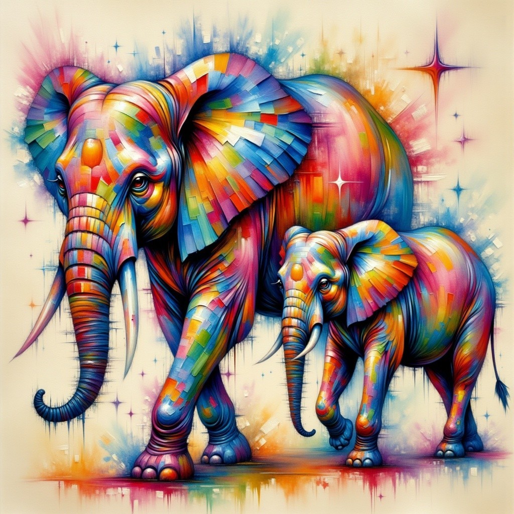 Colorful Mosaic Elephants in Whimsical Setting