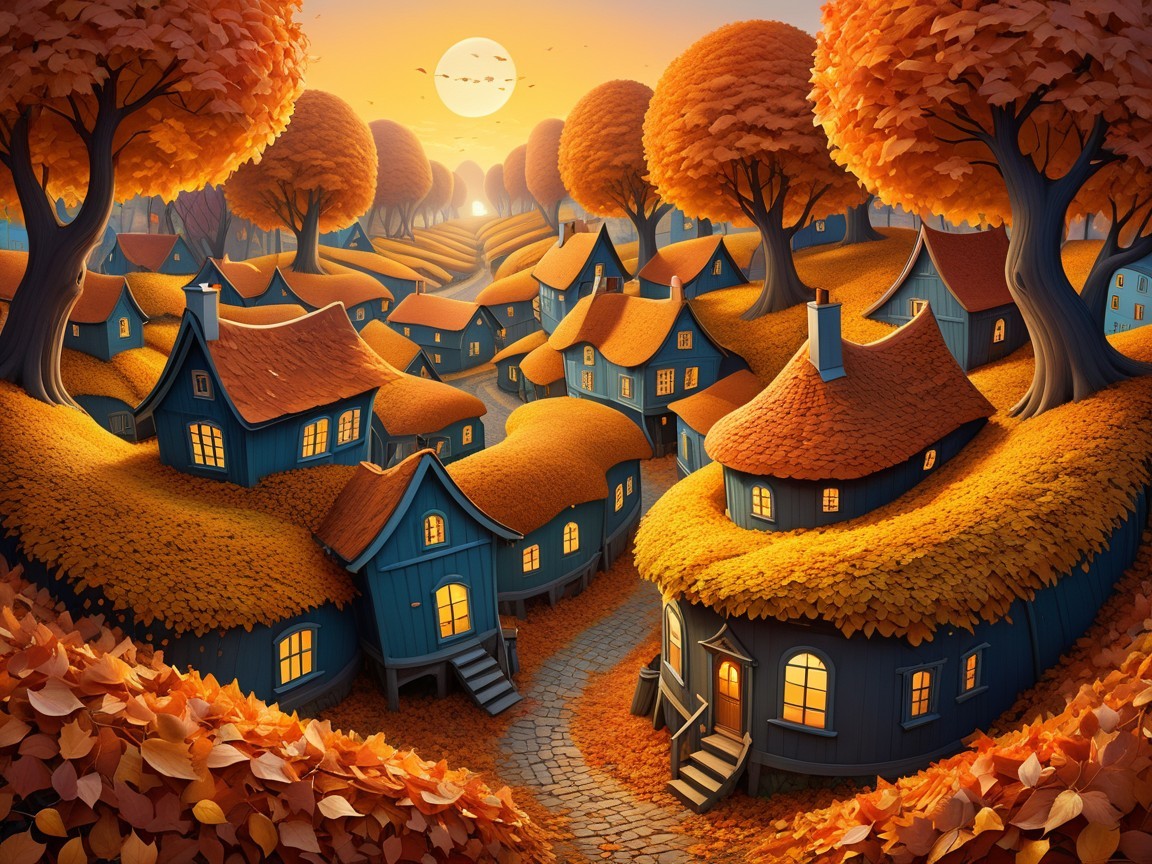 Charming Village with Blue Houses and Autumn Landscape