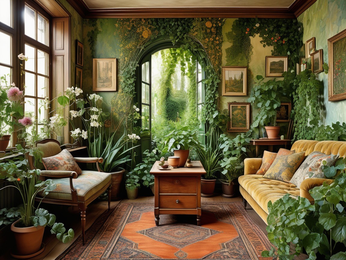 Serene Living Room with Lush Greenery and Cozy Decor