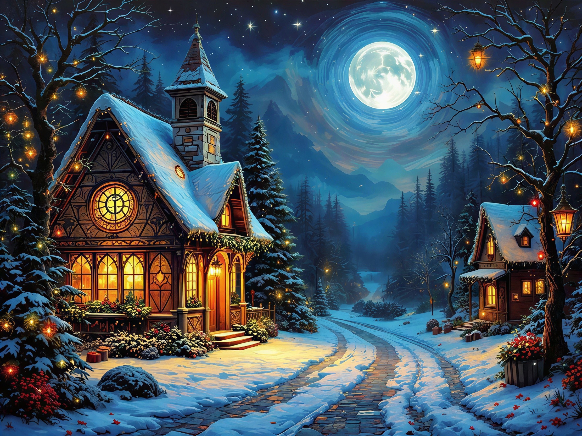Winter Wonderland Night Scene with Cozy Houses