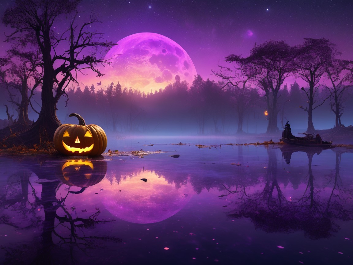 Mystical Halloween Scene with Pumpkin and Purple Moon
