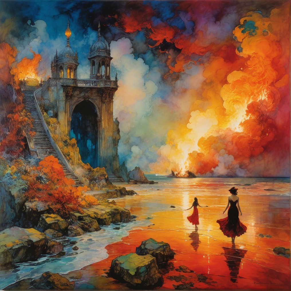 Surreal Landscape with Ornate Archway and Figures