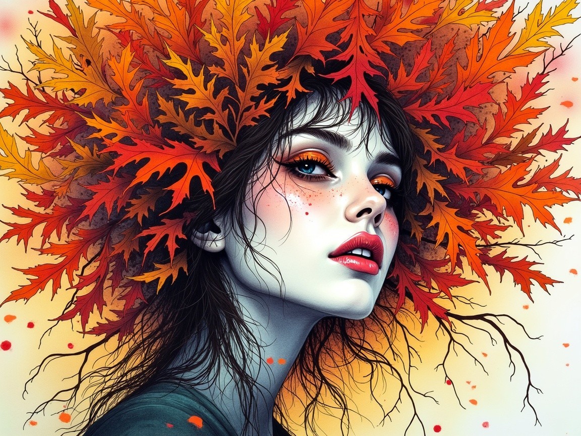Portrait of a woman with autumn leaves crown