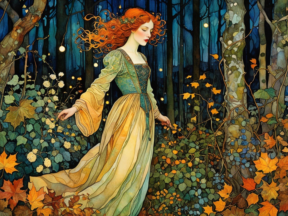 Young woman in flowing gown in mystical forest setting