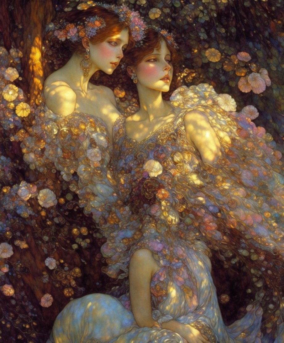 Ethereal Women in a Floral Landscape Artwork