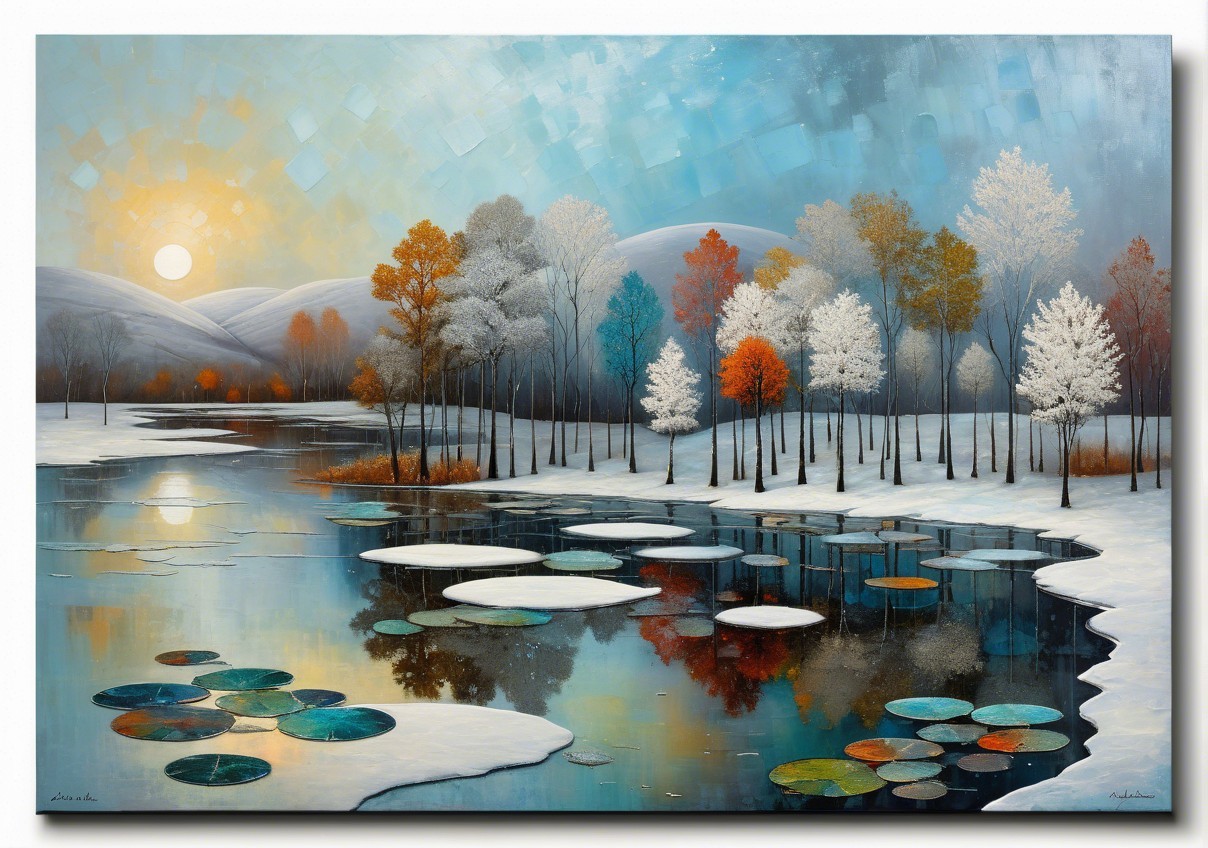 Serene Winter Scene of Tranquil Lake and Snowy Landscape