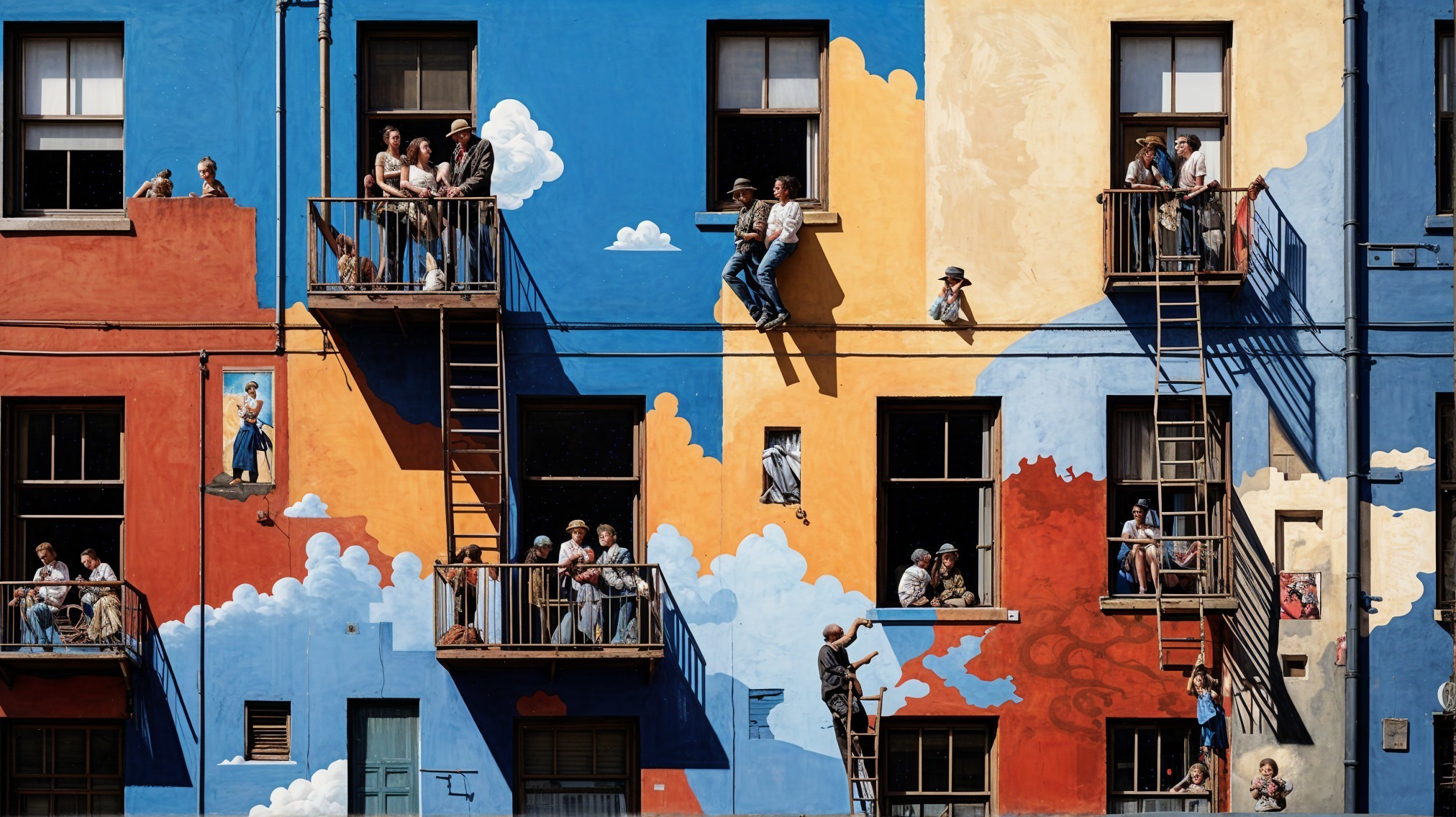 Vibrant Mural Depicting Community Life on Building