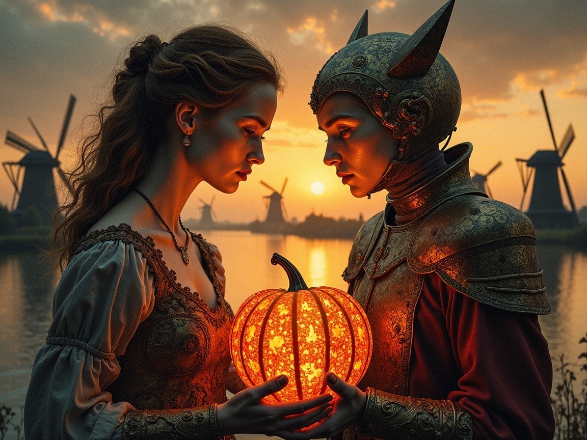 Medieval Figures at Sunset by Tranquil Water